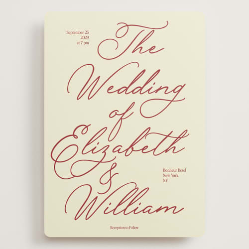 This is a burgundy wedding invitations with standard by Helena Vitto called elizabeth printing on signature in grand
