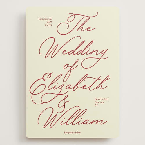 This is a burgundy wedding invitations with standard by Helena Vitto called elizabeth printing on signature in grand