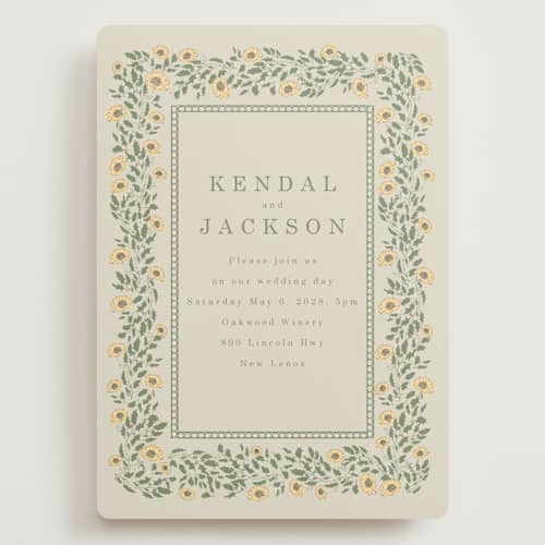This is a mustard wedding invitations with standard by Baumbirdy called framed floral printing on signature in grand