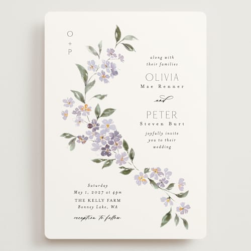 This is a periwinkle wedding invitations with standard by Itsy Belle Studio called sweeping vine printing on signature in grand