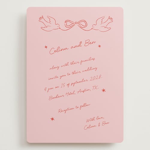 This is a peach wedding invitations with standard by Helena Vitto called the bird song printing on signature in grand