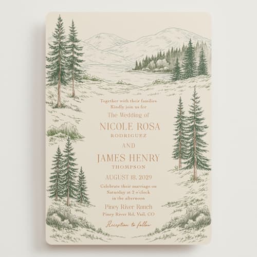 This is a forest wedding invitations with standard by Elly called whispering pines printing on signature in grand