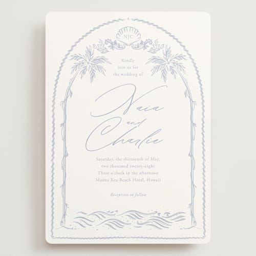 This is a pale cerulean wedding invitations with standard by Sabrin Deirani called ocean dreams printing on signature in grand