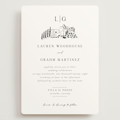This is a noir wedding invitations with standard by Shiny Penny Studio called countryside villa printing on signature in grand