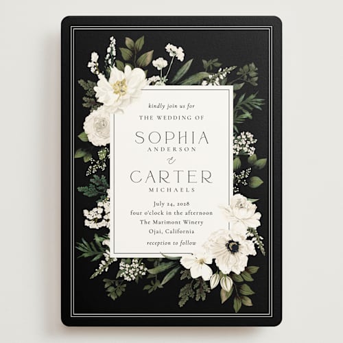 This is a black tie wedding invitations with standard by Susan Moyal called botanical love printing on signature in grand