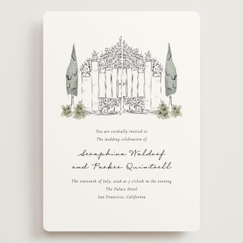 This is a forest wedding invitations with standard by Jackie Crawford called hand illustrated garden gate printing on signature in grand