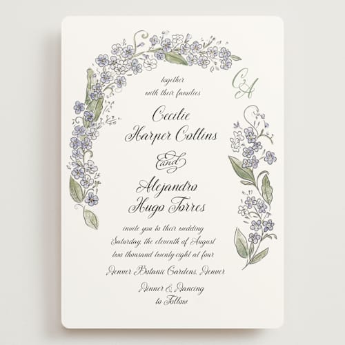 This is a violet wedding invitations with standard by Jenna Holcomb called forget me nots printing on signature in grand