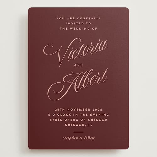This is a burgundy wedding invitations with standard by Nazia Hyder called museum printing on signature in grand