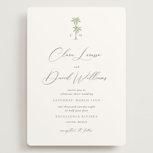 This is a leaf wedding invitations with standard by Olivia Raufman called palm monogram printing on signature in grand