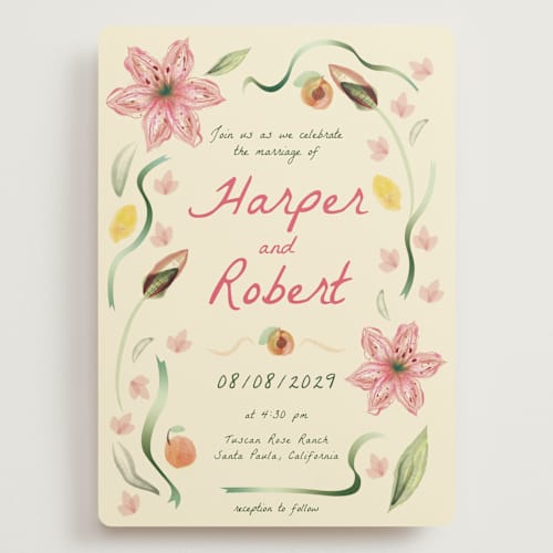 This is a blush wedding invitations with standard by Emily Miranda called romantic tropical wedding printing on signature in grand