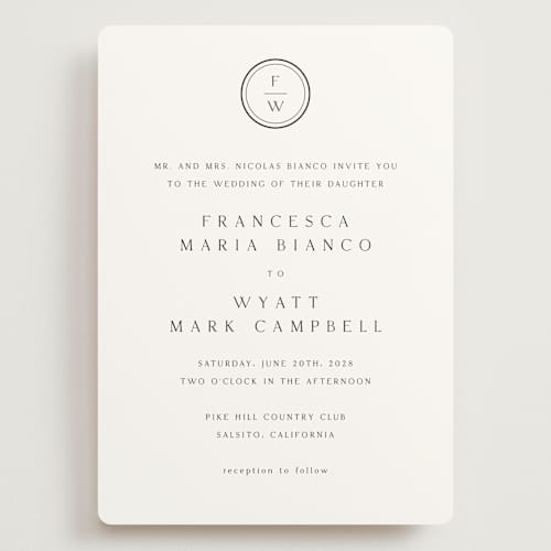 This is a cotton wedding invitations with standard by Stacey Meacham called circle monogram printing on signature in grand