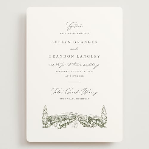 This is a olive wedding invitations with standard by Sarah Brown called vineyard printing on signature in grand