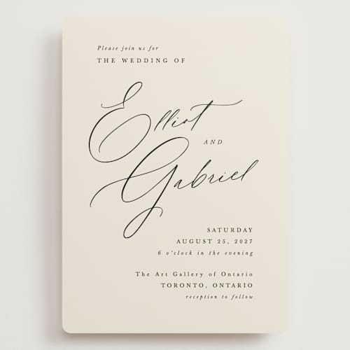 This is a ecru wedding invitations with standard by Hooray Creative called scripted names printing on signature in grand