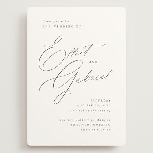 This is a pearl wedding invitations with standard by Hooray Creative called scripted names printing on signature in grand