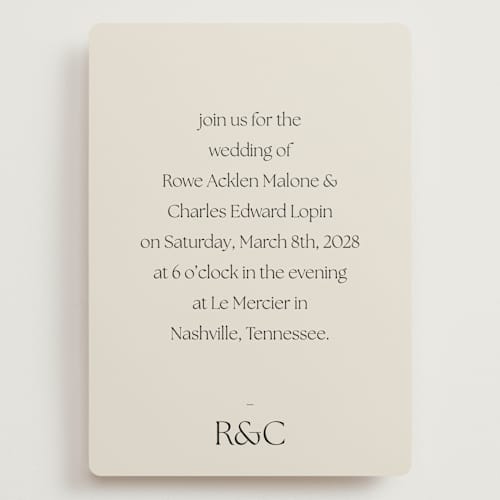This is a sandstone wedding invitations with standard by Sara Hicks Malone called monogram edit printing on signature in grand