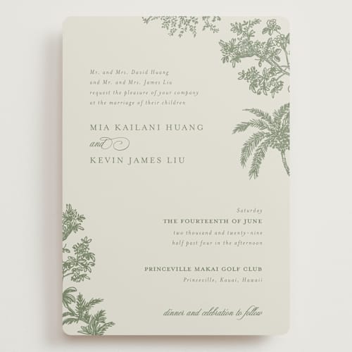 This is a jungle wedding invitations with standard by Jenna Holcomb called vintage tropics printing on signature in grand