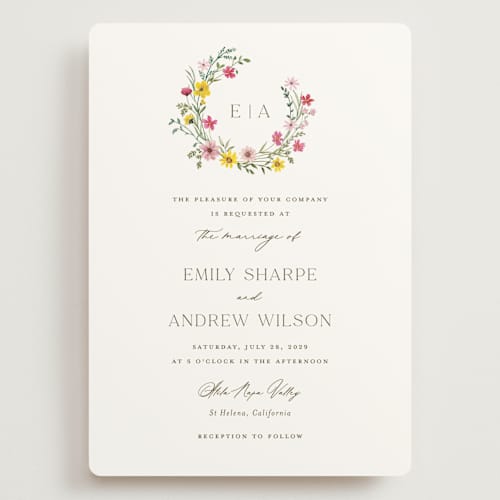 This is a peony wedding invitations with standard by Yaling Hou Suzuki called wildflower wreath printing on signature in grand