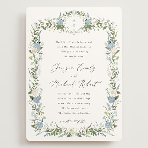 This is a coastal wedding invitations with standard by Susan Moyal called hydrangea vine printing on signature in grand
