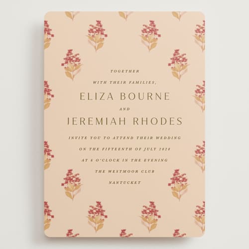 This is a sunset wedding invitations with standard by Olivia Kanaley Inman called blockprint printing on signature in grand