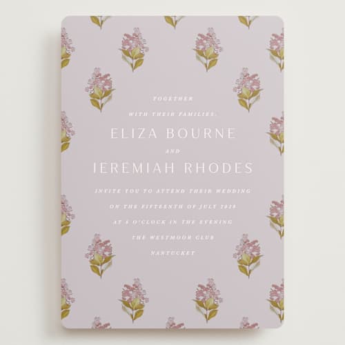 This is a violet wedding invitations with standard by Olivia Kanaley Inman called blockprint printing on signature in grand