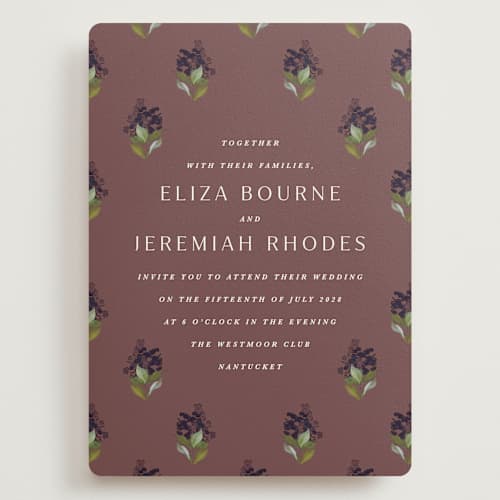 This is a merlot wedding invitations with standard by Olivia Kanaley Inman called blockprint printing on signature in grand