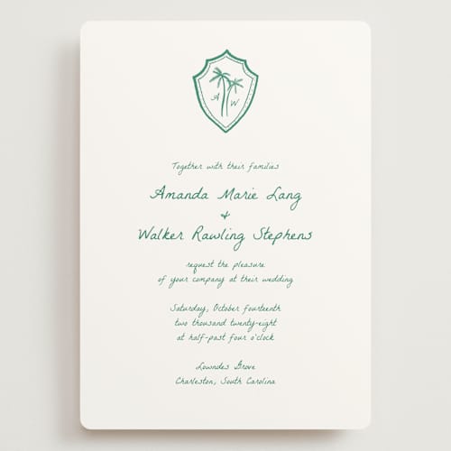 This is a palm wedding invitations with standard by Erika Firm called palm tree crest printing on signature in grand
