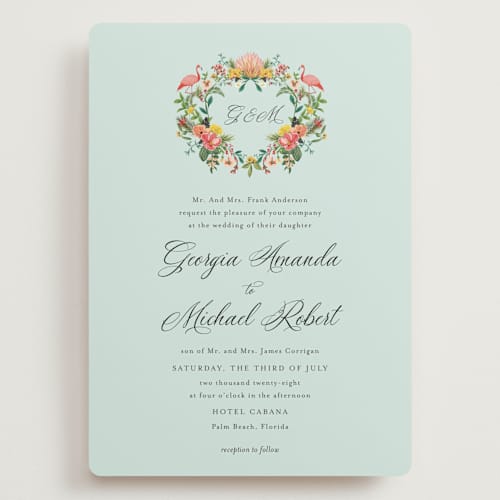 This is a papaya wedding invitations with standard by Susan Moyal called tropical crest printing on signature in grand