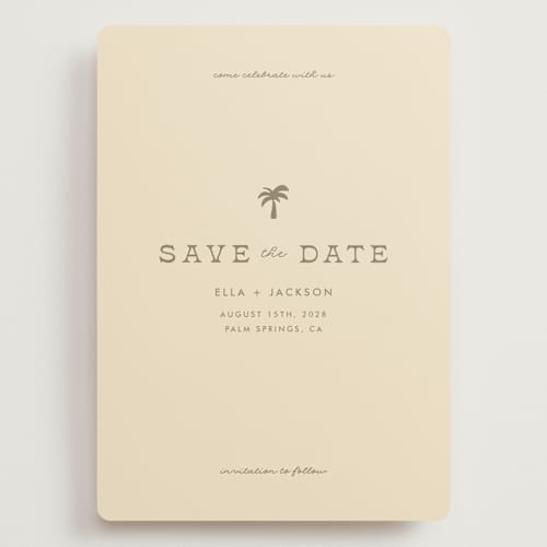 This is a sand save the date with standard by Olivia Goree called vacation printing on signature in grand