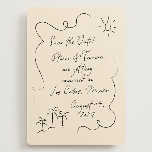 This is a sand save the date with standard by Ashley Iwafuchi called sunny love printing on signature in grand