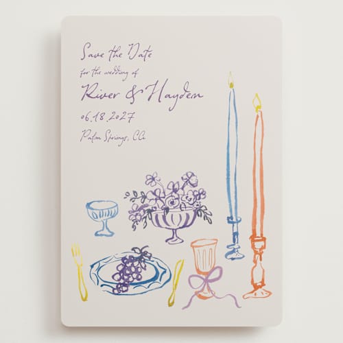 This is a hydrangea save the date with standard by Cass Loh called tablescape drawing printing on signature in grand