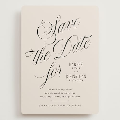 This is a linen save the date with standard by Kate Ahn called mirin printing on signature in grand
