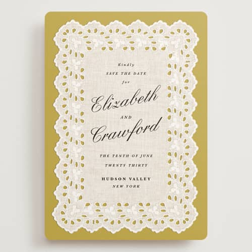 This is a citrine save the date with standard by Olivia Kanaley Inman called eyelet printing on signature in grand
