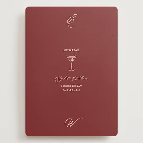 This is a burgundy save the date with standard by Helena Vitto called elizabeth printing on signature in grand