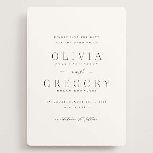This is a lily save the date with standard by Hooray Creative called classy type printing on signature in grand