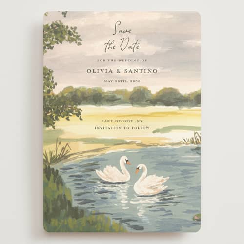 This is a lake save the date with standard by Teju Reval called dreamy pond printing on signature in grand