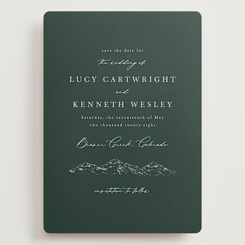 This is a evergreen save the date with standard by Sarah Brown called mountainview printing on signature in grand