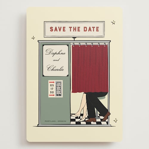 This is a vintage save the date with standard by Jennifer Lew called photobooth printing on signature in grand