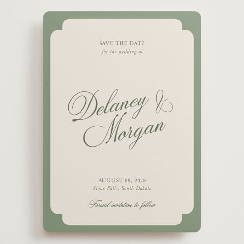 This is a olive save the date with standard by Cass Loh called classic bold border printing on signature in grand