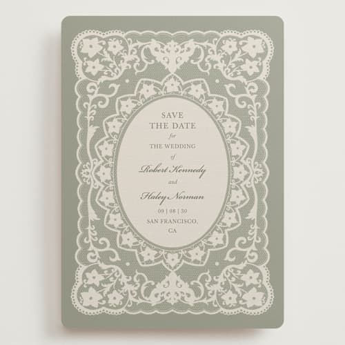 This is a sage save the date with standard by Zove Ahhh called written in romance printing on signature in grand
