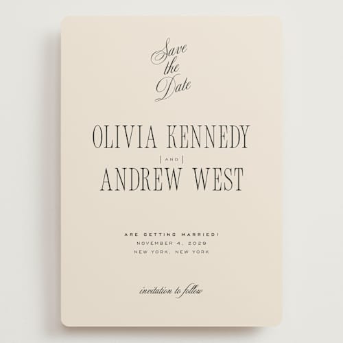 This is a almond save the date with standard by Eric Clegg called modern romance printing on signature in grand