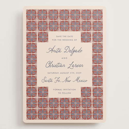 This is a terracotta save the date with standard by Katharine Watson called block print tile printing on signature in grand