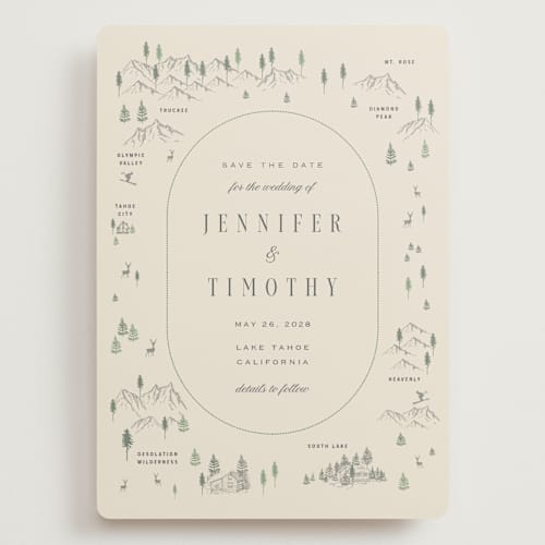 This is a cream save the date with standard by Sherley Ferreira called tahoe lake printing on signature in grand