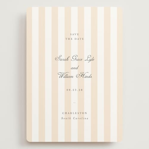 This is a peach save the date with standard by Sara Hicks Malone called awning stripe printing on signature in grand