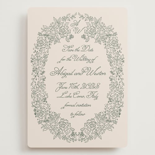 This is a moss save the date with standard by Tamara Hilje called crest florale printing on signature in grand