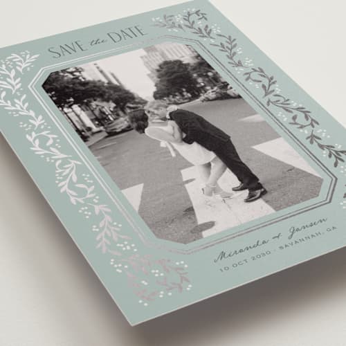 This is a seafoam petite save the dates with foil pressed by Laura Hankins called ornate vines printing on recycled smooth signature in petite