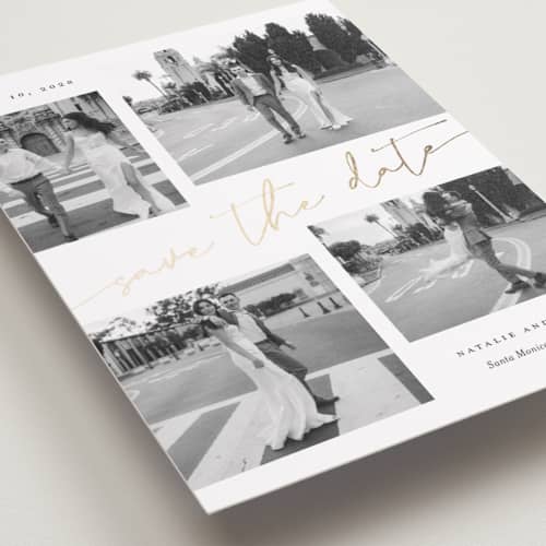 This is a snow petite save the dates with foil pressed by Sarah Curry called minimal holiday gallery printing on recycled smooth signature in petite