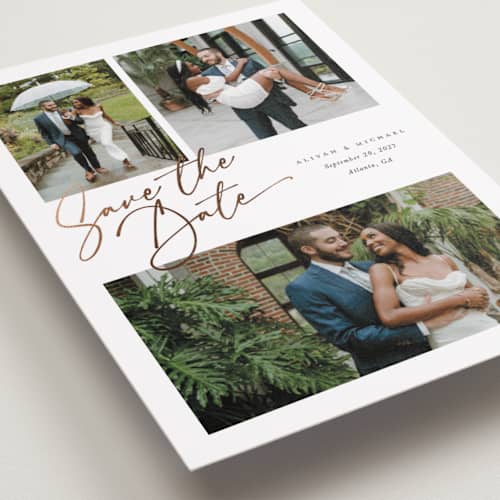 This is a pearl petite save the dates with foil pressed by Melanie Kosuge called three printing on recycled smooth signature in petite