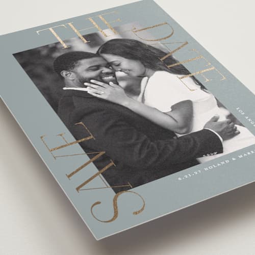 This is a pebble petite save the dates with foil pressed by Susan Zinader called picturesque printing on recycled smooth signature in petite