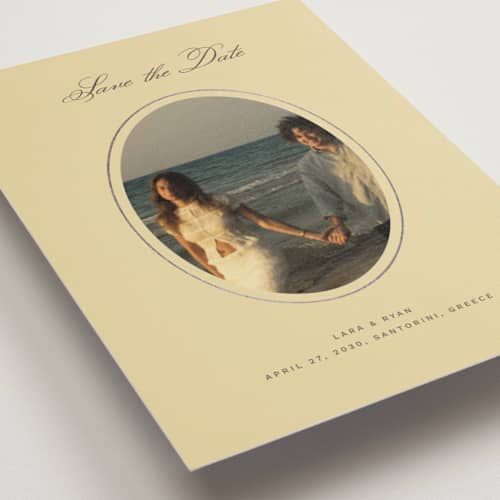 This is a butter petite save the dates with foil pressed by Ani Somi called finer things printing on recycled smooth signature in petite