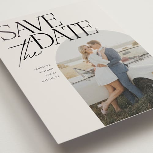 This is a ecru petite save the dates with foil pressed by Morgan Kendall called penelope printing on recycled smooth signature in petite